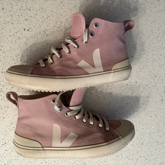 Veja Pink High-Top Canvas Sneakers with Cream Accents - Picture 3 of 11